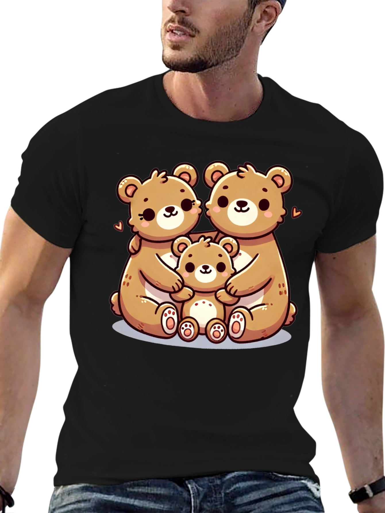 Cute Bear Family Graphic Tee - Black